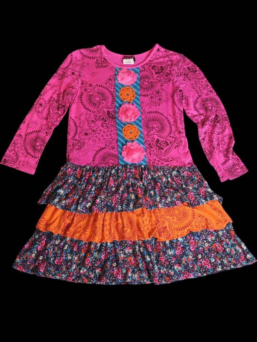 Zaza Couture Long Sleeve Pink Tunic Dress Tiered Ruffes Flowers Girls Sz 7